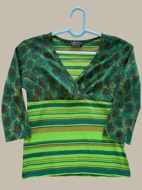 Vintage Mixed Print Wrap Style Top Green Striped Size M